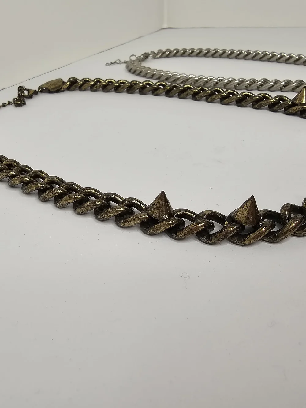 Set of 2 Chunky Curb Chain Necklaces Silver ID Bar & Bronze Punk Spike